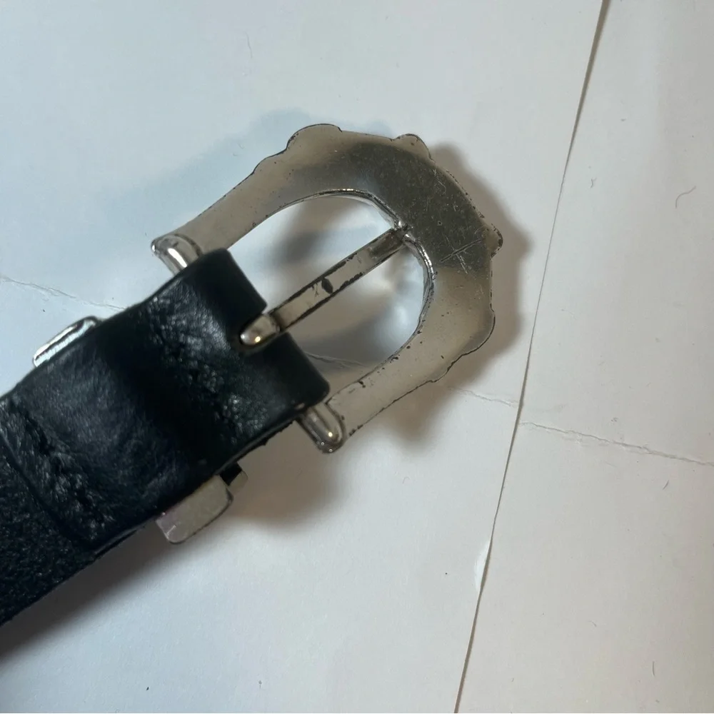 Cabela's Mens Black Leather Belt Lg 90059 Pinecone Silver Buckle Vintage Unisex